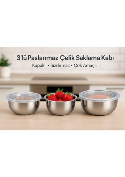 3'lü Çelik Saklama Kabı 12-14-16 cm 6 Parça
