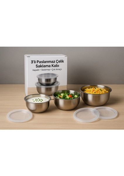 3'lü Çelik Saklama Kabı 12-14-16 cm 6 Parça fırsatları