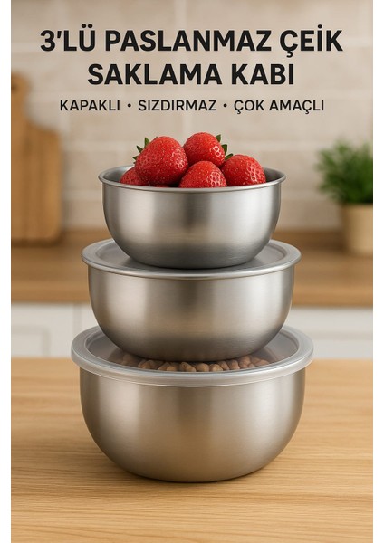 3'lü Çelik Saklama Kabı 12-14-16 cm 6 Parça indirimleri