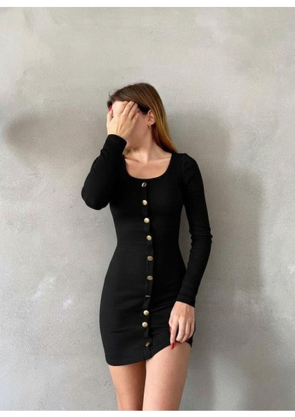 Düğme Detayli Kaşkorse Elbise 582000 Siyah