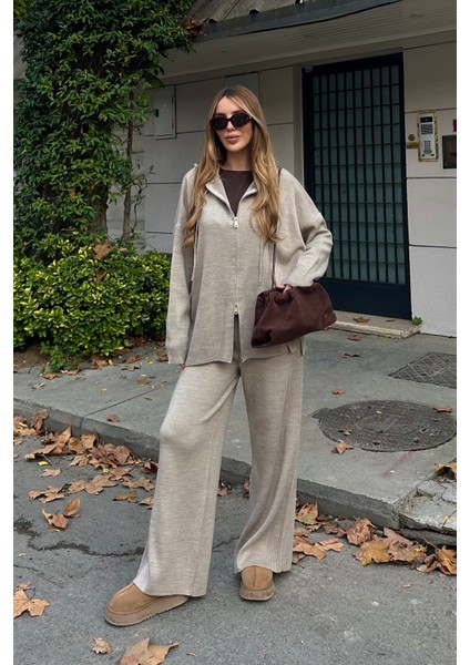 Vizon Fermuarlı Kapüşonlu Triko Takım - 0511