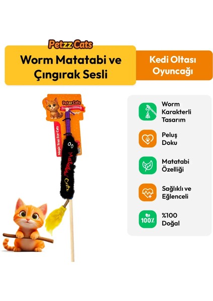 Petzzcats Worm Matatabi ve Çıngırak Sesli Kedi Oltası Oyuncağı Siyah 42 cm