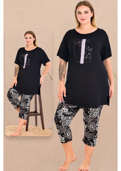 Lady Büyük Beden Çiçek Desenli Lacivert Bisiklet Yaka Kısa Kollu Kapri Pijama Takımı modelleri