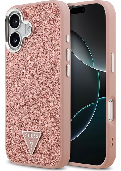 iPhone 17 Uyumlu Kılıf Guess Lisanslı M-Safeli Metal Kamera Çerçeveli Üçgen Logolu Glitter Pembe