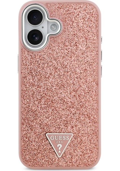 iPhone 17 Uyumlu Kılıf Guess Lisanslı M-Safeli Metal Kamera Çerçeveli Üçgen Logolu Glitter Pembe modelleri