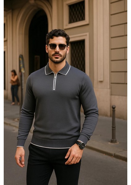 Erkek Fermuarlı Füme Uzun Kollu Polo Yaka Triko Kazak fiyatları