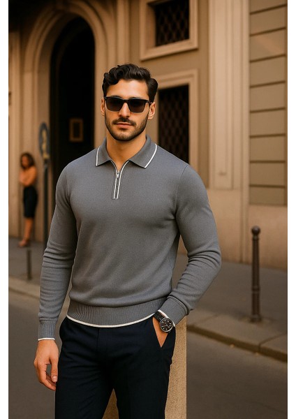 Erkek Fermuarlı Füme Uzun Kollu Polo Yaka Triko Kazak modelleri