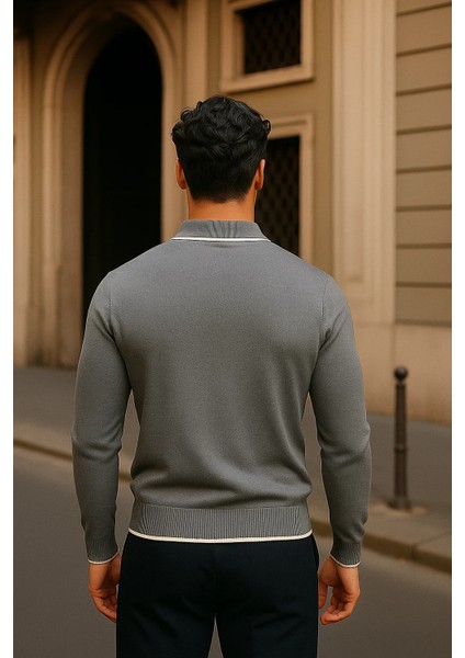 Erkek Fermuarlı Füme Uzun Kollu Polo Yaka Triko Kazak indirimleri
