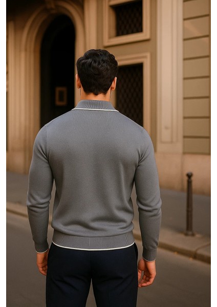 Erkek Fermuarlı Füme Uzun Kollu Polo Yaka Triko Kazak