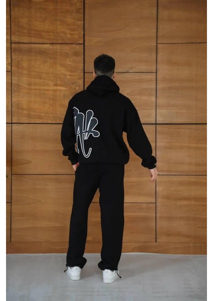 Erkek Kapüşonlu Eşofman Takım Graffiti Baskılı Oversize Rahat Kalıp, Kanguru Cepli, Streetwear Tarzında Premium Ürün 3 Iplik Pamuklu - Siyah fiyatları