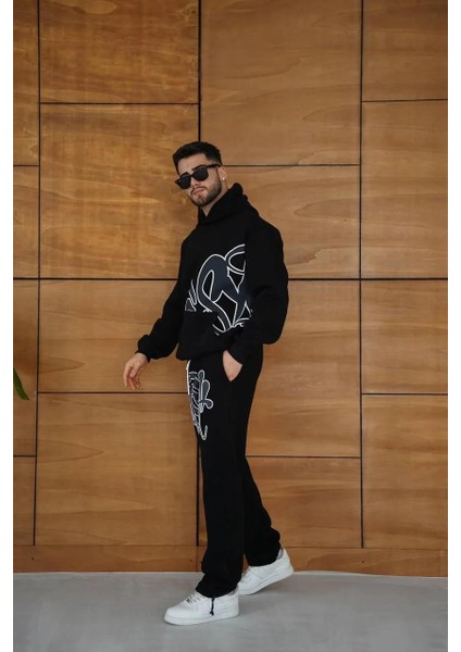 Erkek Kapüşonlu Eşofman Takım Graffiti Baskılı Oversize Rahat Kalıp, Kanguru Cepli, Streetwear Tarzında Premium Ürün 3 Iplik Pamuklu - Siyah indirimleri