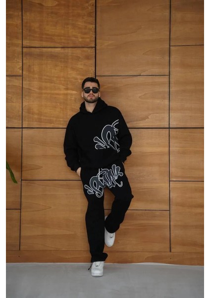 Erkek Kapüşonlu Eşofman Takım Graffiti Baskılı Oversize Rahat Kalıp, Kanguru Cepli, Streetwear Tarzında Premium Ürün 3 Iplik Pamuklu - Siyah