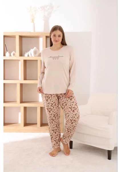 Kadın Büyük Beden Milan Kumaş Bisiklet Yaka Bej Pijama Takımı