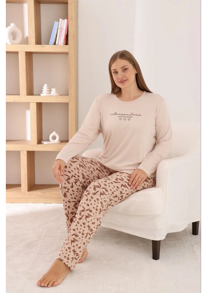 Kadın Büyük Beden Milan Kumaş Bisiklet Yaka Bej Pijama Takımı fiyatları