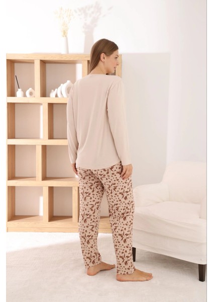 Kadın Büyük Beden Milan Kumaş Bisiklet Yaka Bej Pijama Takımı modelleri