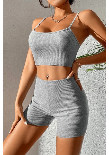 Kadın Gri Melanj Şortlu Kaşkorse Gecelik Takım indirimleri