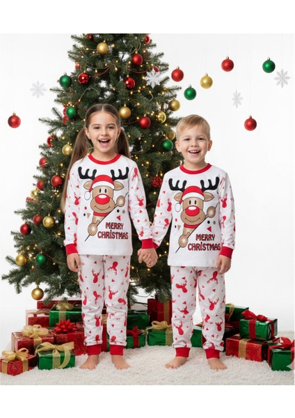 Merry Christmas Desenli Unisex Yılbaşı Noel Temalı Çocuk Pijama Takımı 6-9 Yaş