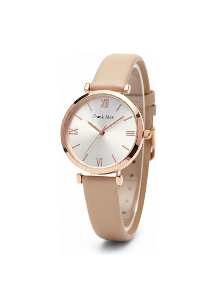 Kadın Kol Saati Bakır Renk, Gümüş Kadran - Şık Pembe Deri Kordon, 2 Yıl Garantili