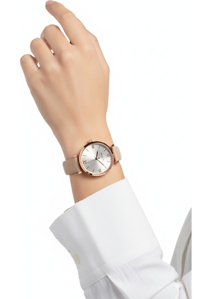 Kadın Kol Saati Bakır Renk, Gümüş Kadran - Şık Pembe Deri Kordon, 2 Yıl Garantili modelleri