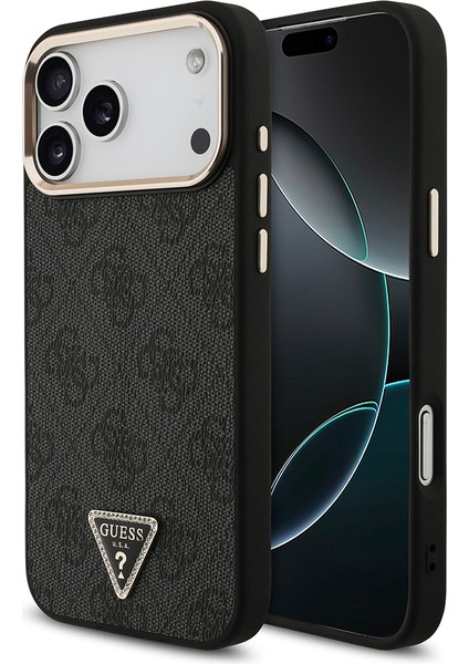 iPhone 17 Pro Max Uyumlu Kılıf Guess Lisanslı M-Safeli Taşlı Üçgen Logo 4g Desenli Kapak Siyah