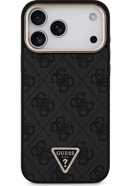 iPhone 17 Pro Max Uyumlu Kılıf Guess Lisanslı M-Safeli Taşlı Üçgen Logo 4g Desenli Kapak Siyah modelleri