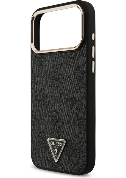 iPhone 17 Pro Max Uyumlu Kılıf Guess Lisanslı M-Safeli Taşlı Üçgen Logo 4g Desenli Kapak Siyah