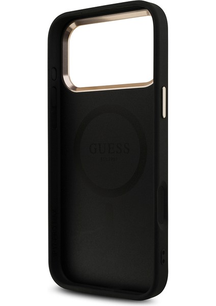 iPhone 17 Pro Max Uyumlu Kılıf Guess Lisanslı M-Safeli Taşlı Üçgen Logo 4g Desenli Kapak Siyah