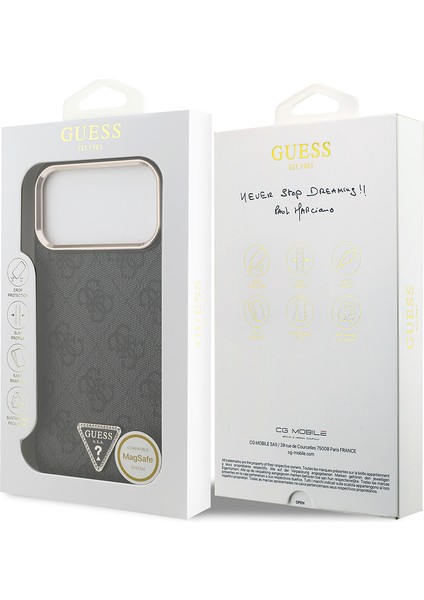 iPhone 17 Pro Max Uyumlu Kılıf Guess Lisanslı M-Safeli Taşlı Üçgen Logo 4g Desenli Kapak Siyah