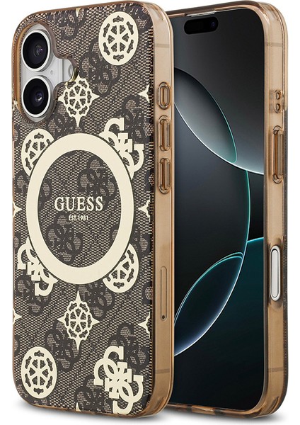 iPhone 17 Uyumlu Kılıf Guess Lisanslı M-Safeli Iml Peony ve 4g Desenli Klasik Logolu Kahverengi