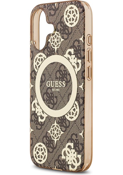 iPhone 17 Uyumlu Kılıf Guess Lisanslı M-Safeli Iml Peony ve 4g Desenli Klasik Logolu Kahverengi