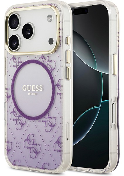 iPhone 17 Pro Uyumlu Kılıf Guess Lisanslı M-Safe Şarj Özellikli 4g Desenli Simli Silikon Kapak Mor