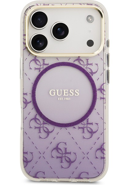 iPhone 17 Pro Uyumlu Kılıf Guess Lisanslı M-Safe Şarj Özellikli 4g Desenli Simli Silikon Kapak Mor modelleri
