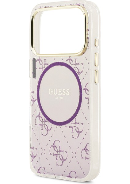 iPhone 17 Pro Uyumlu Kılıf Guess Lisanslı M-Safe Şarj Özellikli 4g Desenli Simli Silikon Kapak Mor