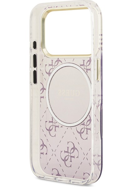 iPhone 17 Pro Uyumlu Kılıf Guess Lisanslı M-Safe Şarj Özellikli 4g Desenli Simli Silikon Kapak Mor