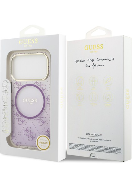 iPhone 17 Pro Uyumlu Kılıf Guess Lisanslı M-Safe Şarj Özellikli 4g Desenli Simli Silikon Kapak Mor