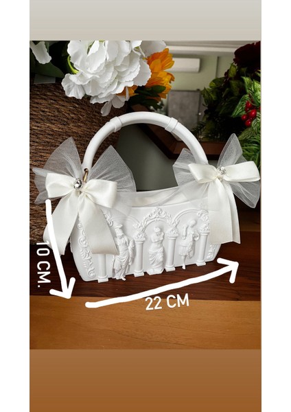 Gelin Çantası Taşlı Fiyonklu Beyaz Çanta