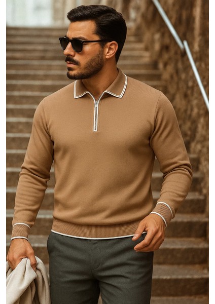 Erkek Trend Fermuarlı Uzun Kollu Camel Polo Yaka Kazak
