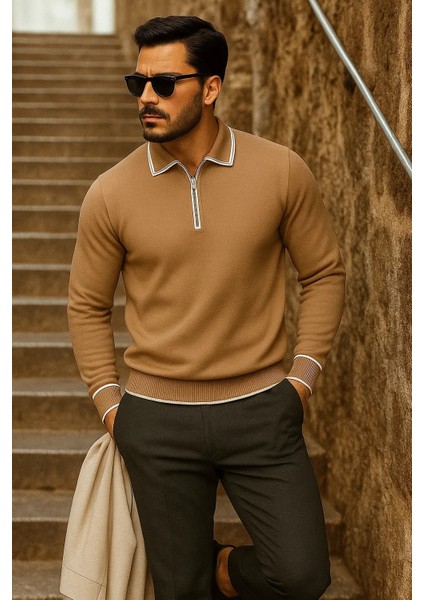 Erkek Trend Fermuarlı Uzun Kollu Camel Polo Yaka Kazak modelleri
