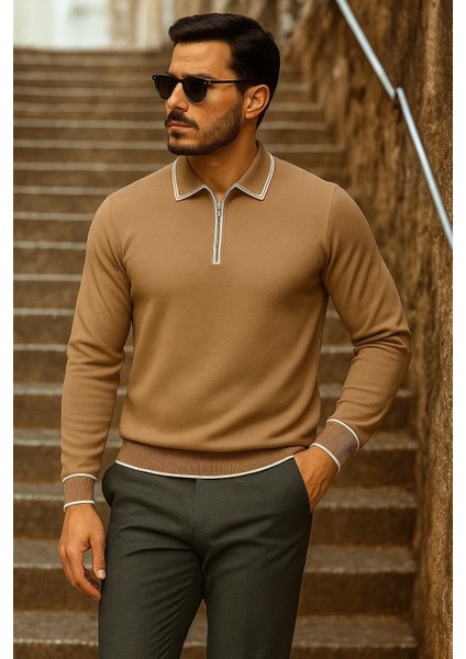 Erkek Trend Fermuarlı Uzun Kollu Camel Polo Yaka Kazak fırsatları