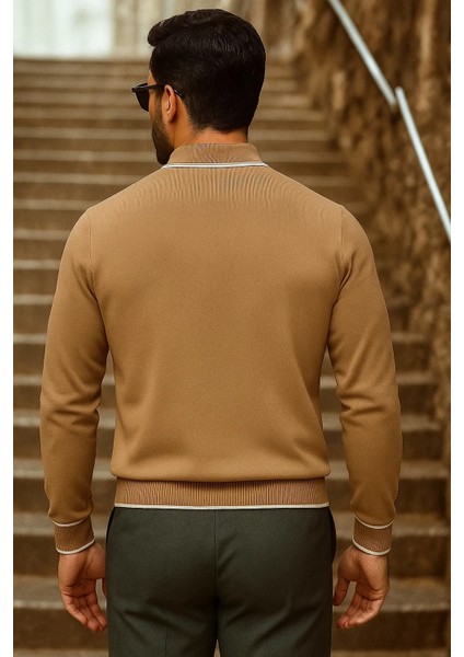 Erkek Trend Fermuarlı Uzun Kollu Camel Polo Yaka Kazak