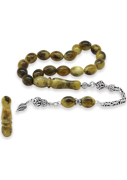 925 Ayar Gümüş Kral Zincir Püsküllü Arpa Kesim Dalmaçya Damla Kehribar Dört Parmak Efe Tesbih