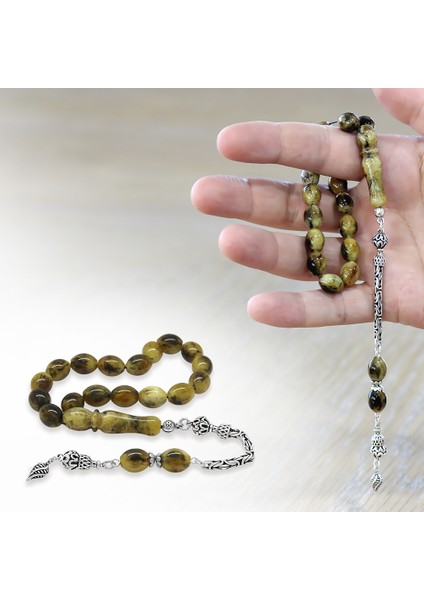 925 Ayar Gümüş Kral Zincir Püsküllü Arpa Kesim Dalmaçya Damla Kehribar Dört Parmak Efe Tesbih modelleri