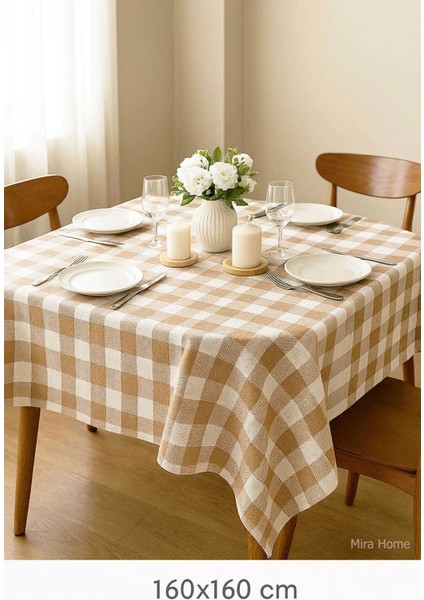 Fiber Kareli Masa Örtüsü Sofra Bezi Ekose Desen 160X160 cm Bej fiyatları