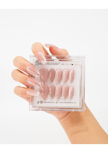 10'lu Pembe Kısa Oval TT1208 Tekrar Kullanılabilir El Yapımı Protez Takma Tırnak - Ten Rengi-Pembe-XS