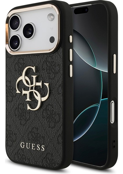 iPhone 17 Pro Kılıf Guess Lisanslı Gold Kamera Çerçeveli 4g Desenli Büyük 4g ve Yazı Logolu Siyah