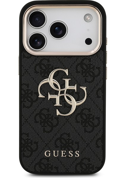 iPhone 17 Pro Kılıf Guess Lisanslı Gold Kamera Çerçeveli 4g Desenli Büyük 4g ve Yazı Logolu Siyah modelleri