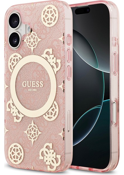 iPhone 17 Uyumlu Kılıf Guess Lisanslı M-Safeli Iml Peony ve 4g Desenli Klasik Logolu Kapak Pembe