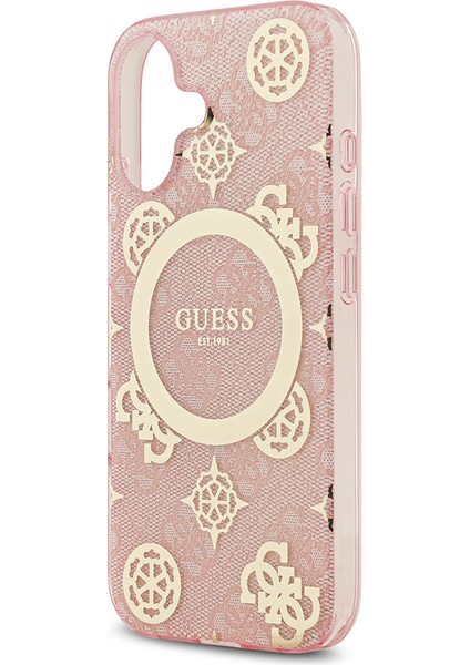 iPhone 17 Uyumlu Kılıf Guess Lisanslı M-Safeli Iml Peony ve 4g Desenli Klasik Logolu Kapak Pembe