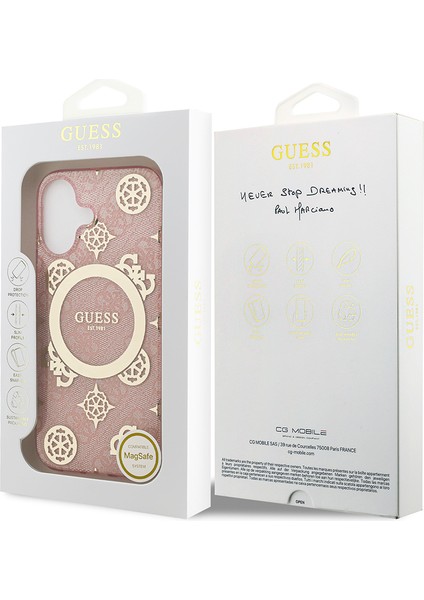 iPhone 17 Uyumlu Kılıf Guess Lisanslı M-Safeli Iml Peony ve 4g Desenli Klasik Logolu Kapak Pembe