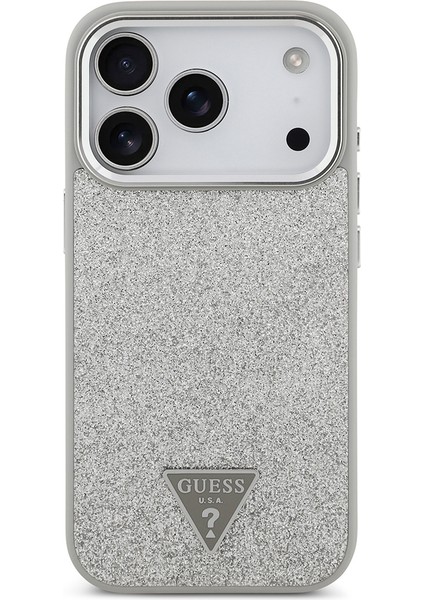 iPhone 17 Pro Uyumlu Kılıf Guess Lisanslı M-Safeli Metal Kamera Çerçeveli Üçgen Logolu Glitter Gri modelleri